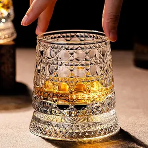 360° Rotating Whiskey Glass with Stress Relief Base Spinning Crystal Tumbler Non-Slip Decoupled Design for Scotch Bourbon Premium Food-Grade Glass Exquisite Embossed Patterns