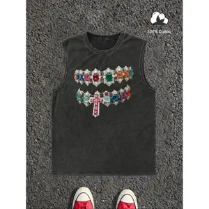 Men's Cross Graphic Colorful Rhinestone Decor Tee, Regular Fit Casual Short Sleeve T-shirt for Summer, Men's Top for Daily Wear, Menswear