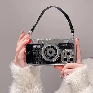 Luxury Retro Stereo Camera Protective Cellphone Case Cover For iPhone1716 15 14 Plus 13 12 11 Pro Max Leather Pattern with Lanyard Case