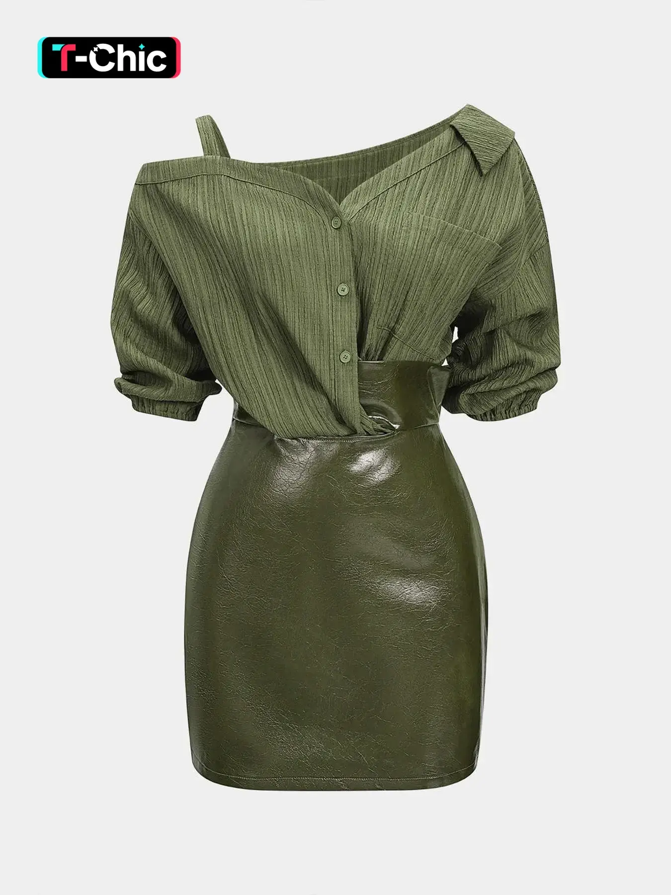 1 Piece Bodycon Minimalist Mini Dress Chic Elegant Fit for Women, Womenswear Asymmetrical Off Shoulder Collared Shirt Top Faux Leather Patchwork High Waist Dress, Figure Flattering Dress for Club Party Date Night Music Festival Daily Wear Bodycon Dresses