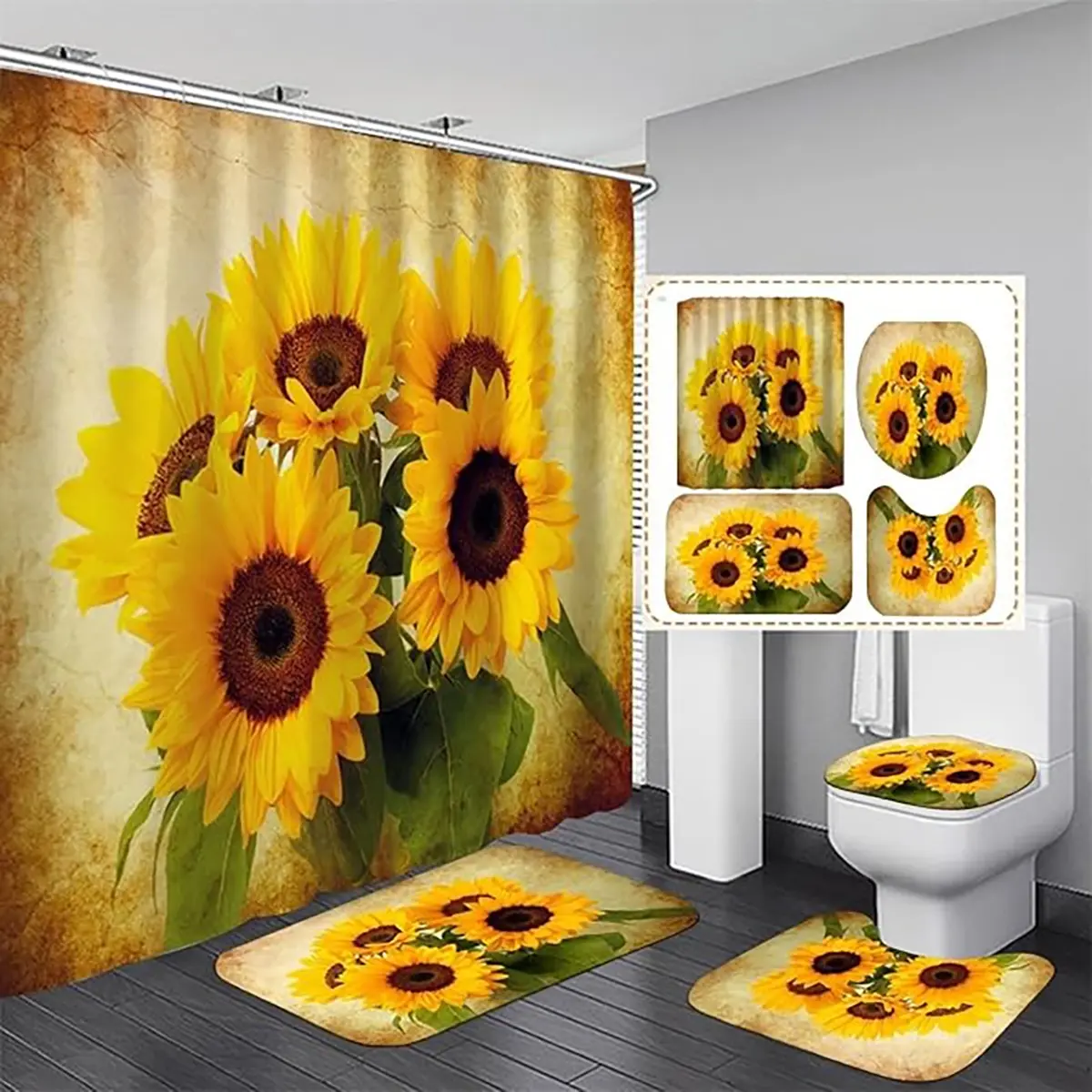 1/4pcs Retro Minimalist Sunflower Theme Decorative Shower Curtain Set, Bathroom supplies, Bathroom Decoration Accessories, with non-slip mat, U-shaped rug, and toilet seat cover. Perfect for bathroom decoration. Comes with 12 shower curtain hooks