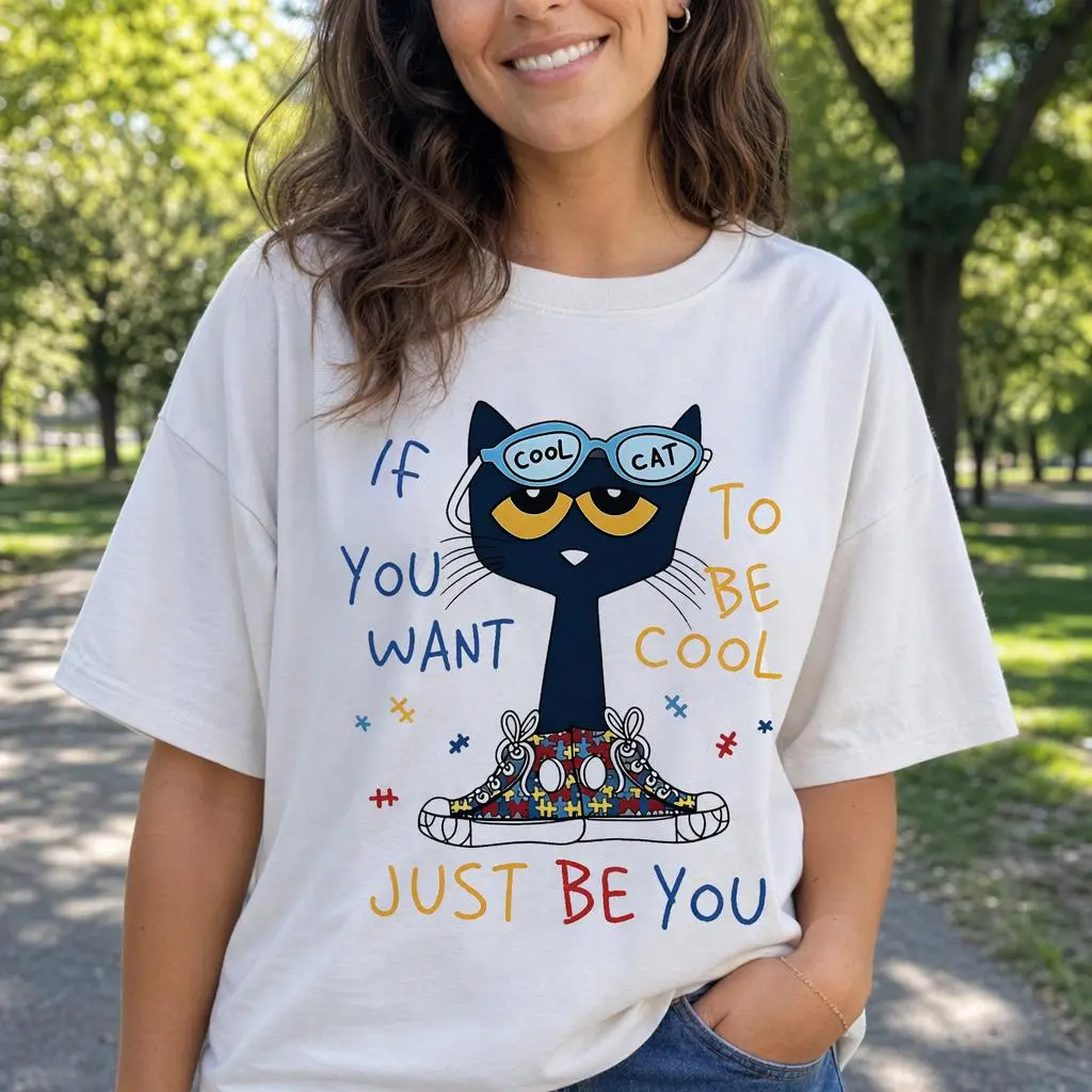 Cool Cat Autism Awareness Shirt Women Just Be You Graphic Tee Plus Size
