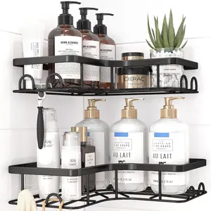 Shower Caddy Corner, 5-Pack Adhesive Rustproof Stainless Steel Shower Shelves with Soap Holder, No Drilling Shower Organizer Corner for Dorm, Renters Bathroom Stick-On Rust-Proof Shower Rack Set Self-Adhesive