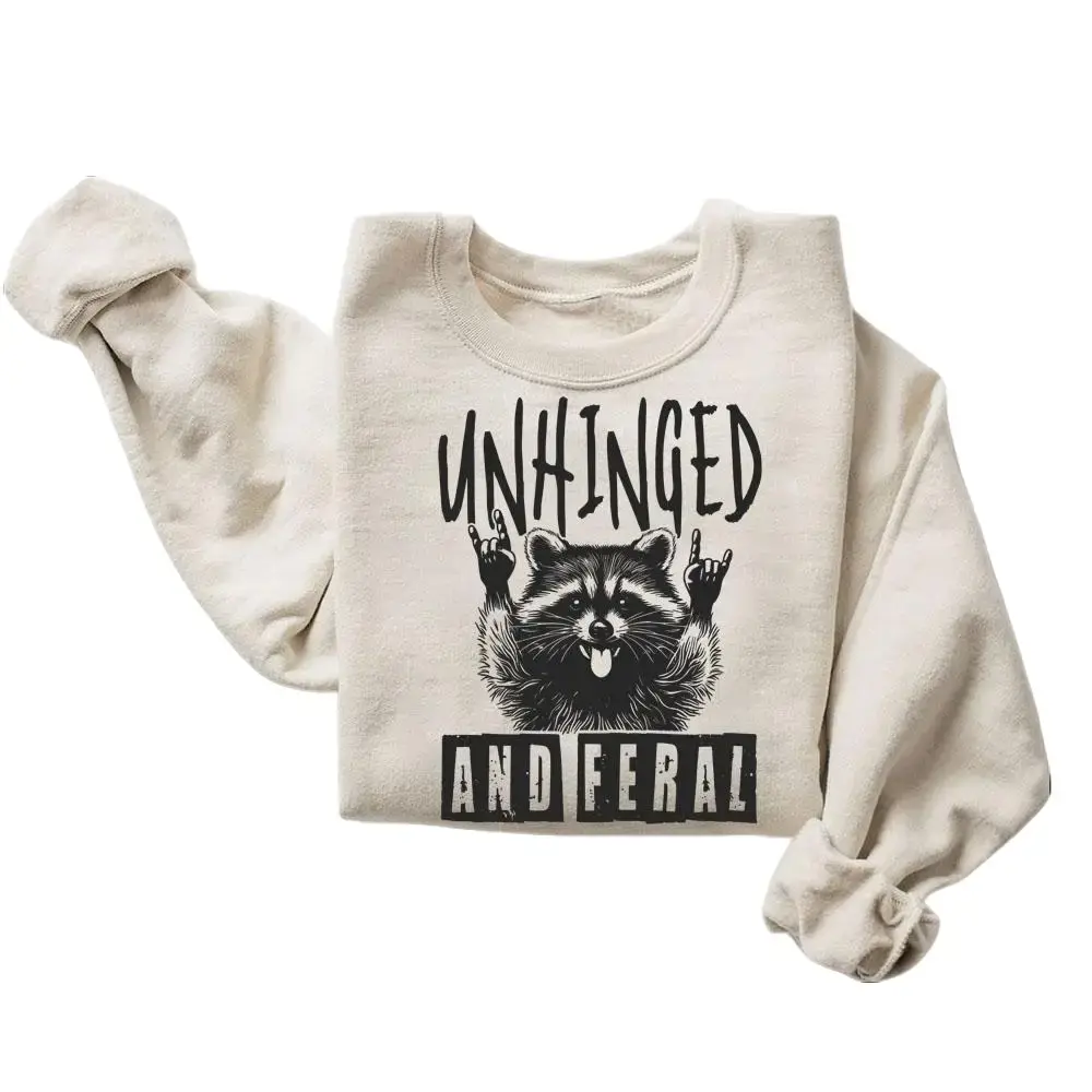 Vintage Raccoon Sweatshirt with Funny Unhinged and Feral Graphic, Unisex Casual Long Sleeve Round Neck Polyester Tops