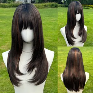 SMILCO/24Inch Layered Highlight Brown With Blonde Long Straight With Bangs Synthetic Wig/SM479