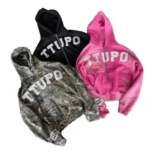 Oversized Y2K Hoodie for Women - Camo Print with "TTUPO & 05" Letters, Zip-Up Hooded Sweatshirt for Teens, Long Sleeve Pullover Vintage Style, All-Season Comfort, Casual Wear Hoodie | Fashion Hoodie | Zippered Hoodie for Men and Women Women’s Tops