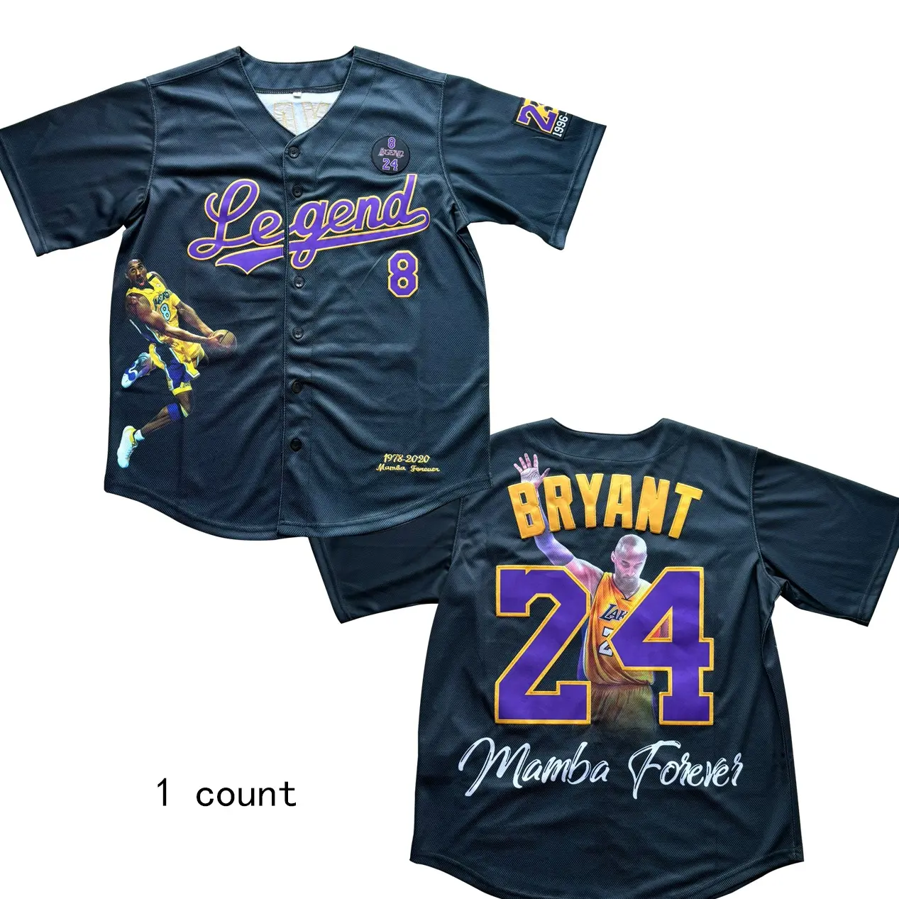 Men's Bryant Portrait Tribute Baseball Jersey, Stylish Jersey-Style Casual Top, Sport Top, V-Neck, 1996-2016 Legend Embroidery, Cool Mesh Breathable Knit Fabric, New Black Senior Sports T-Shirt, Cool Mesh Fabric, Knit Baseball
