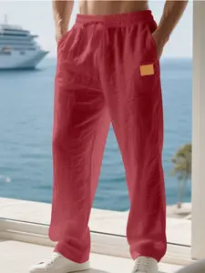 Men's Spring & Fall Loose-Fit Linen Pants, Casual Drawstring Waist Yoga Joggers, Stylish Embroidered Design for Daily Wear