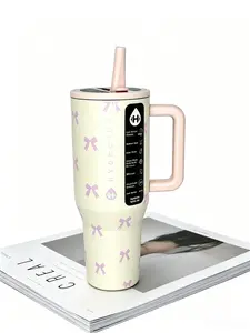 HydroJug 40oz Stylish Insulated Stainless Steel HydroJug Tumbler - BPA-Free, Leakproof Drinkware Flasks with Handle, Straw, Pink Bow Print, 24H Cold Retention, Cup Holder Friendly for Gym, Car