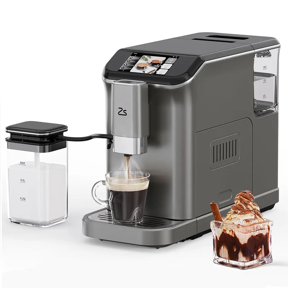 【GARVEE】20 Bar Fully Automatic Espresso Machine with Touch Screen, Built-in Frother, Insulated Milk Container, and Steam Wand for Cappuccino, Latte, and Espresso in Grey and Gold