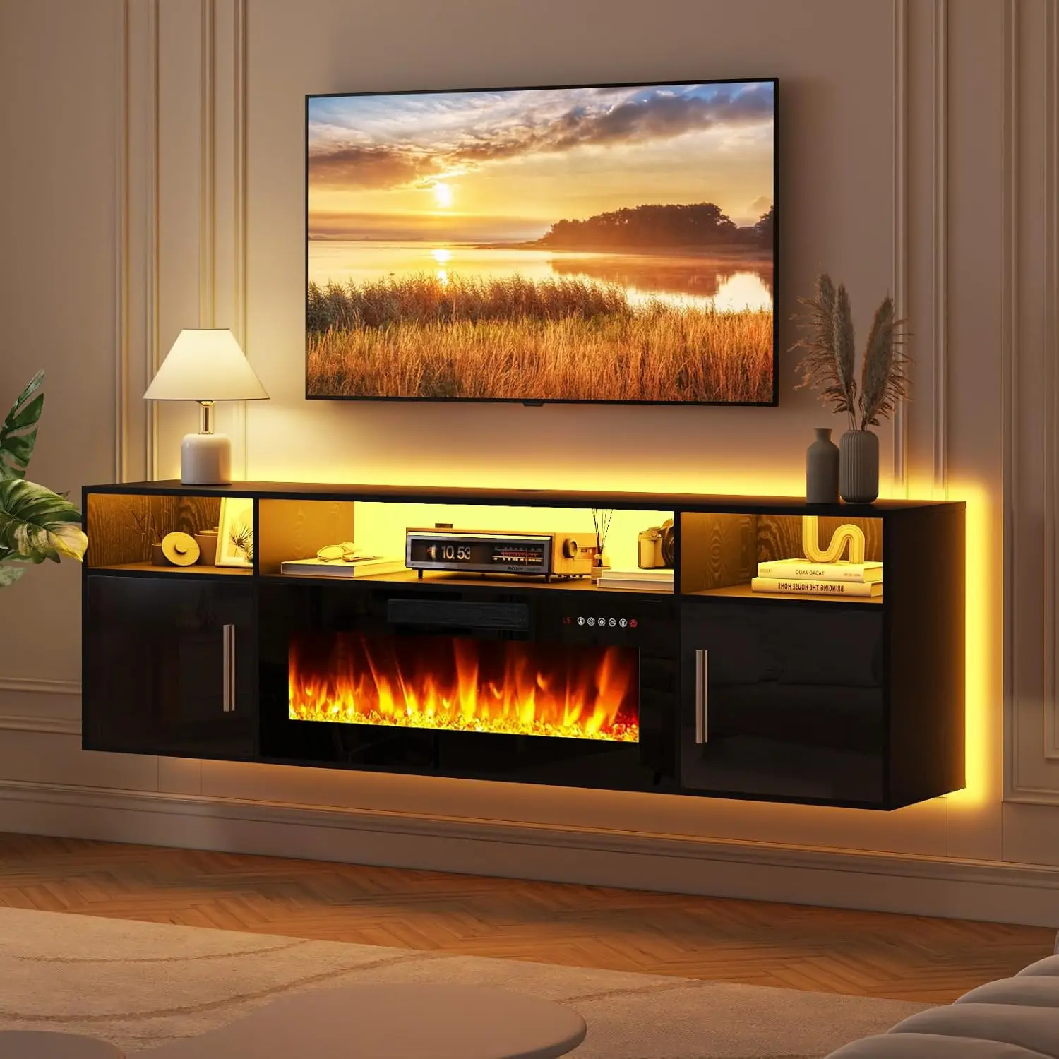 PUKAMI 70" Wall-Mount Engineered Wood Floating Fireplace TV Stand - LED Media Console with Highlight Cabinet, Storage, Wire Management, 750W 12-Color Flames for Indoor Living Room Furniture