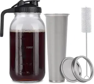 Cold Brew Mason Jar iced Coffee Maker, Durable Glass, - 64 oz (2 Quart / 1.9 Liter), With Handle& Stainless Steel Filter for Iced Brew Coffee, Lemonade, Ice , Homemade Fruit Drinks Container