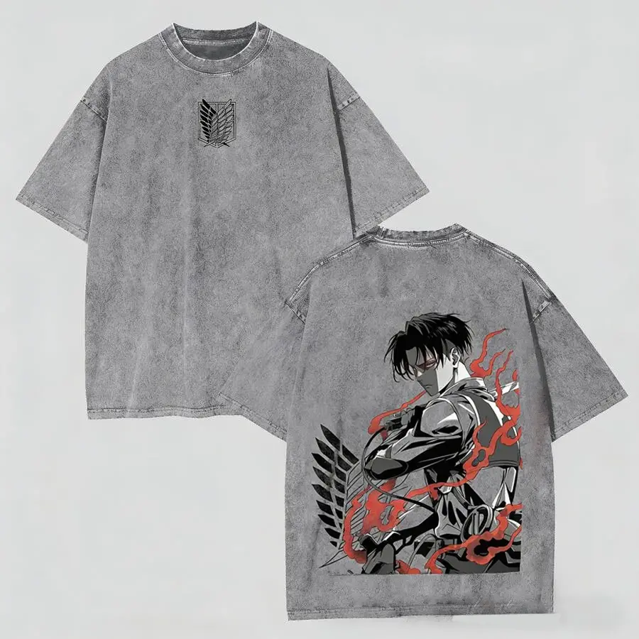 Menswear Vintage Distressed Oversized Round Neck T-Shirt - Attack on Titan Levi Ackerman Wings of Freedom Graphic Tee, Unisex Tshirt for Men, Vintage T-Shirts, Cotton, Graphic Print, Machine Washable, Multi-Size, Streetwear, Shortsleeve, Casual, Top, Tops