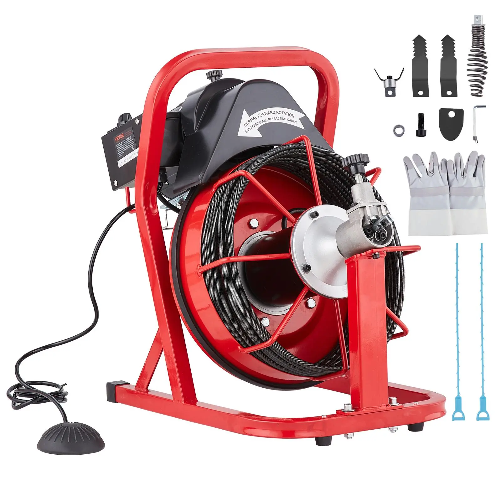 【Summerfinds】VEVOR Electric Drain Cleaner Machine with 50 ft x 3/8" Steel Core Sewer Snake Auger, 4 Cutters, Automatic Feed Control, Comfortable Grip, Air-Activated Foot Switch, GFCI Switch for 2"-4" Pipes, Curved Pipes, Restaurant Easy Cleaning