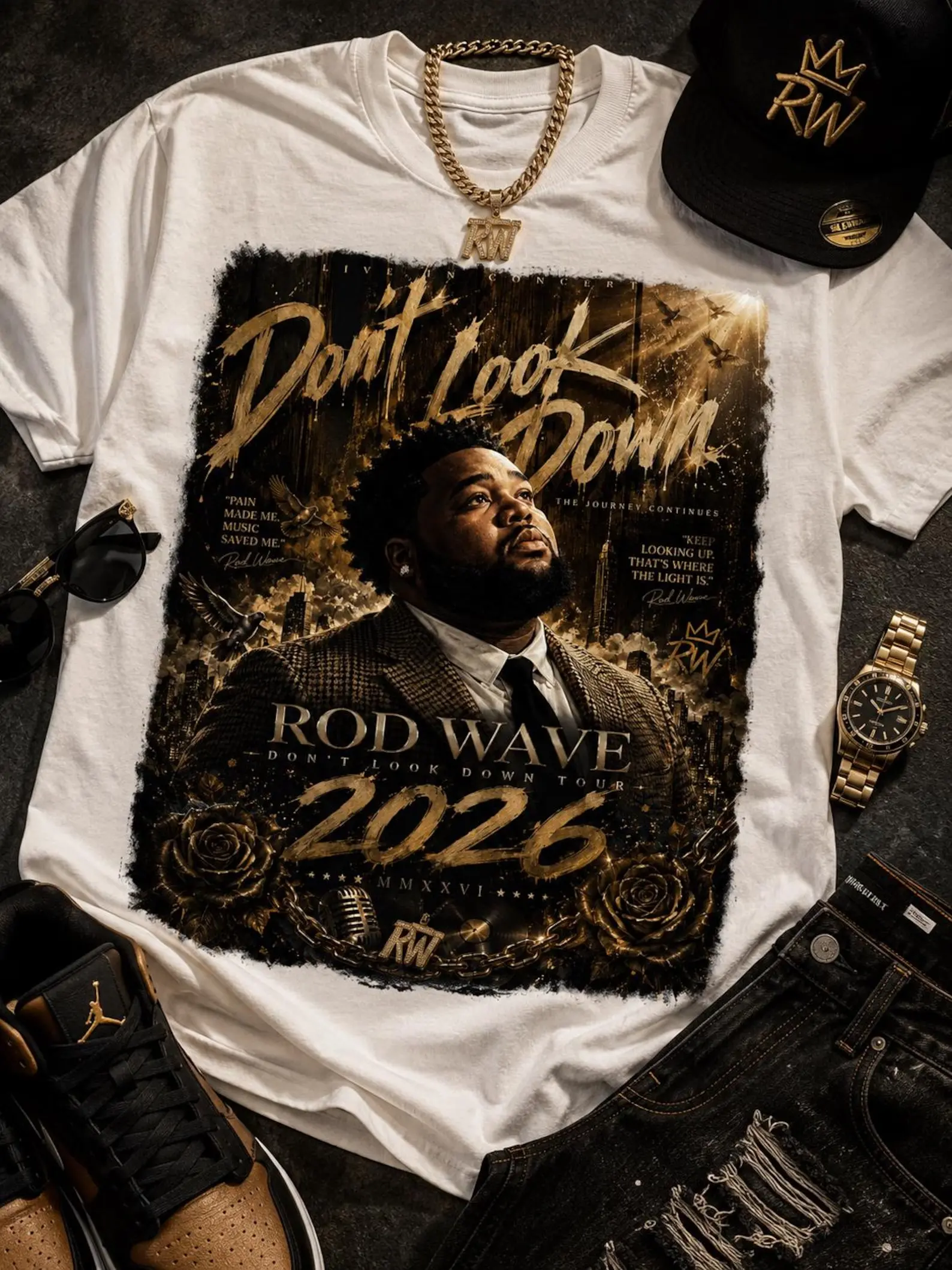 Rod Wave 'Don't Look Down Tour 2026' Tour Date Graphic 100% Cotton T-Shirt, Rod Wave Fan Graphic Tee, Dont Look Down Merch Streetwear Graphic Shirt, Gift for rap fans