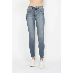 Blue Full Size Tummy Control Contrast Wash Skinny Jeans