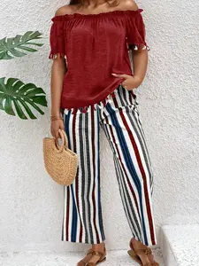 Women's Plus Size Long Pants Set Outfit, Loose Casual High Waist Wide Leg, Comfortable Breathable Woven Stretch Fabric, Perfect for Daily Wear & Office Use, Womenswear