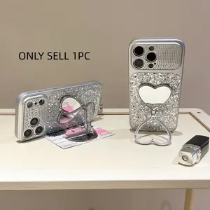 Full Diamond Lens Glitter Sequin Mirror Stand Bracelet for iPhone 13/14/15/16/17 Pro Max, Fashion Protective Case Cover, Durable Anti-Drop
