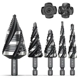 THINKWORK Four Spiral Flute Step Drill Bit Set Metric 5 Pcs HSS Step Drill Bits 6mm & 10mm Shank for Aluminum Wood Plastic Anti Friction Blade Tool