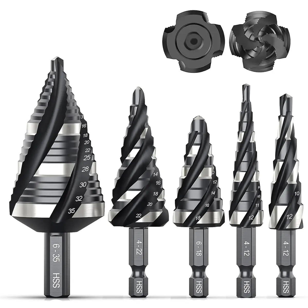 【Fall Deals For You】THINKWORK Four Spiral Flute Step Drill Bit Set (Metric), 5 Pcs HSS Step Drill Bits, 6mm and 10mm Shank Step Bits for Aluminum, Woo