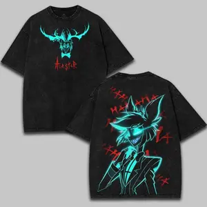 HAZBIN HOTEL Graphic T-Shirt Christmas Gift Cartoon Lovers Cosplay Outfit Niffty x Alastor - Hazbin Hotel Washed Vintage T-Shirt Unisex Streetwear Valentine's Gift Bold design of a demonic deer skull and a grinning radio demon.