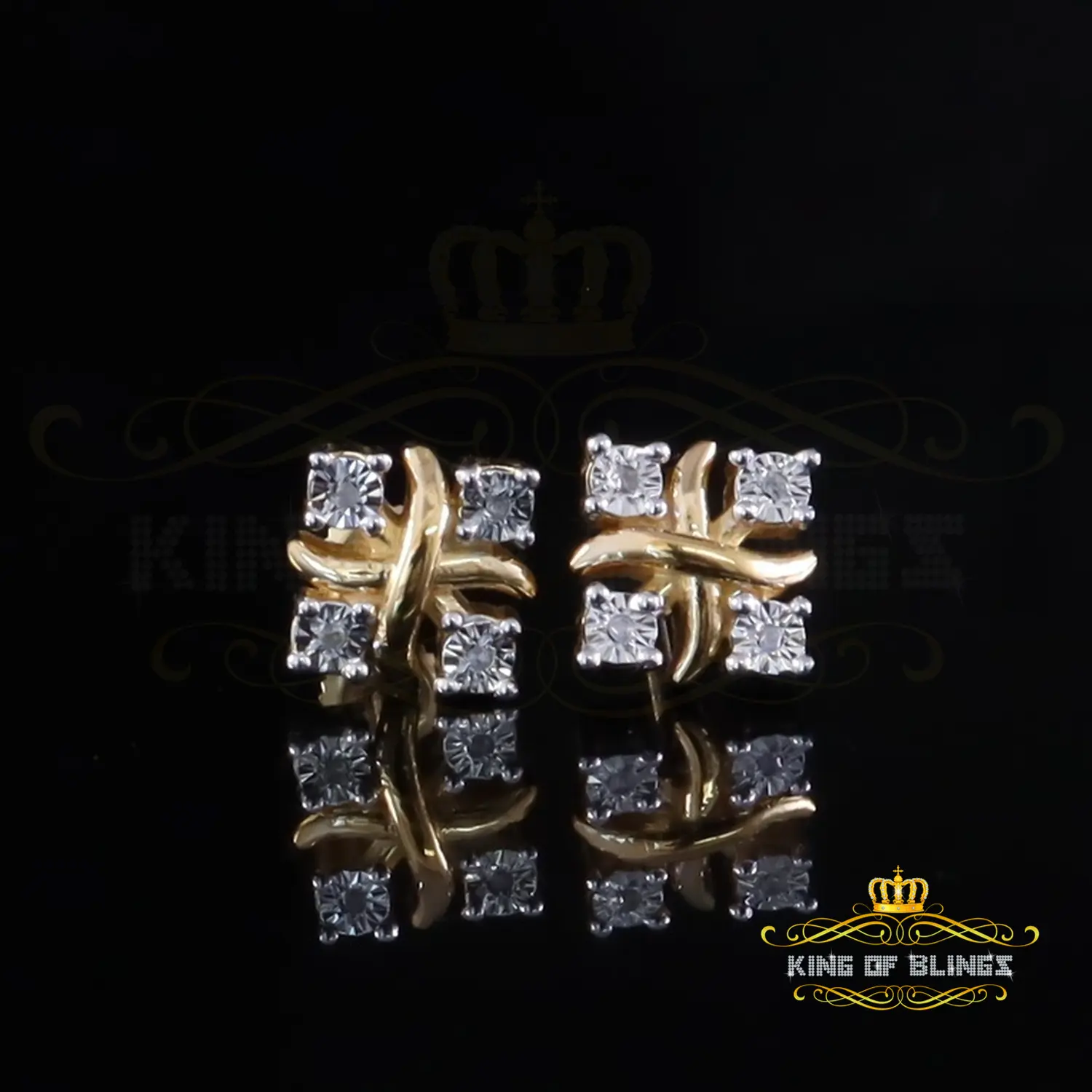 King Of Bling's  10K Gold 0.05ct Diamond 925 Sterling Silver Yellow for Men's & Women Stud XOXO Earrings