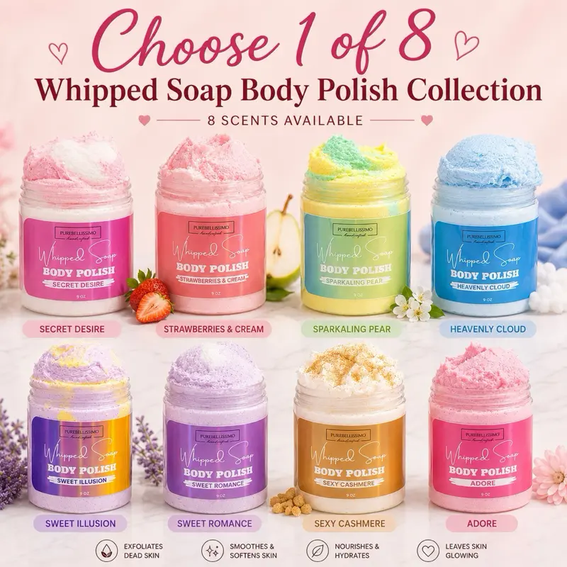 PureBellissimo Whipped Body Polish Scrub - Handmade Gentle Sugar Exfoliant, 9 oz, Custom Fragrance Selection, Skin Care Body Care Cleanser