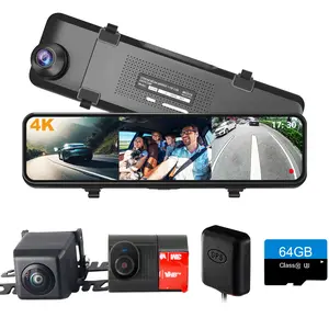4K 3-Channel Mirror Dash Cam, 11" Triple View Camera for Car/RV/Truck, Night Vision, Free 64GB Card, GPS, G-Sensor, WDR, 24H Parking Monitor & Assist Hd Driving Recorder Hd Car Dvr