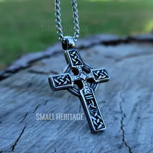 Small Heritage Stainless Steel Celtic Irish Cross Necklace Norse Viking Knot Pendant Men Women