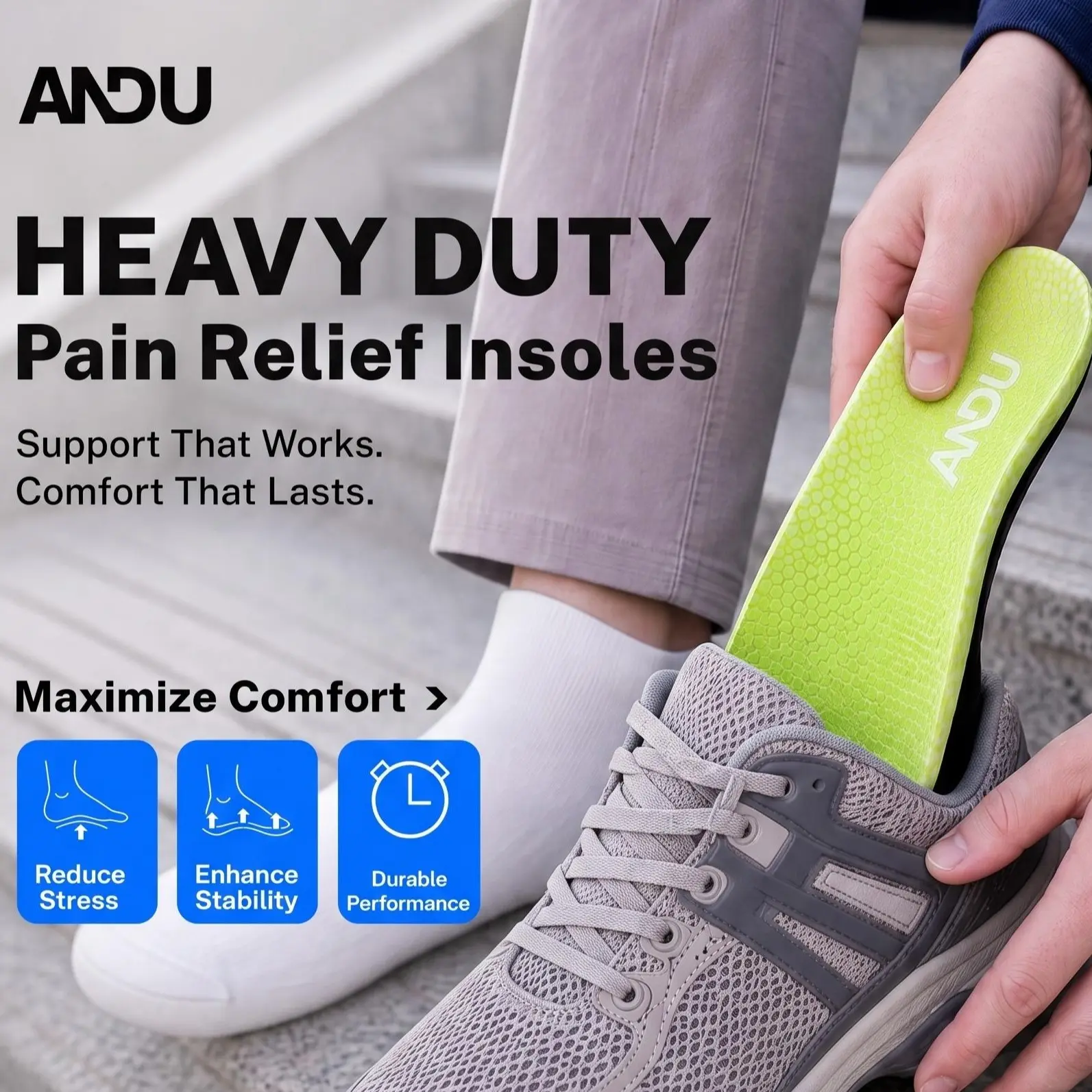 ANDU Orthopedic Insoles - Shock-Absorbing Arch Support for Plantar Fasciitis Relief, Trim-to-Fit Shoe Inserts