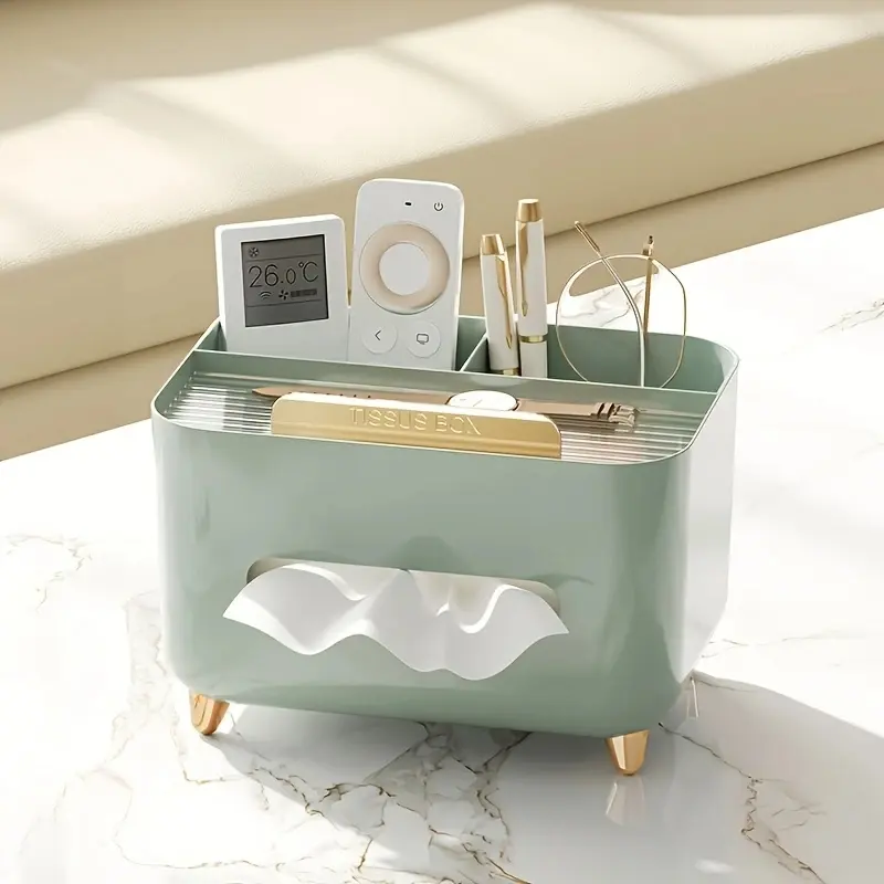 Multifunctional Desk Organizer Tissue Box with Remote Storage, Stylish Cream Design, Polished Surface, 3 Compartments for Home Office Organization, Table Organizers, Office Accessories