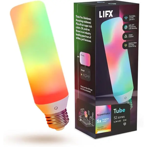 LIFX T10 Smart LED Bulb - Color Changing RGB Tunable White, Matter - E26 | Compatible with Alexa, Apple Homekit, WiFi 2.4GHz, Multicolor 52 zones, flame, for chandeliers, exposed fixtures, & lamps