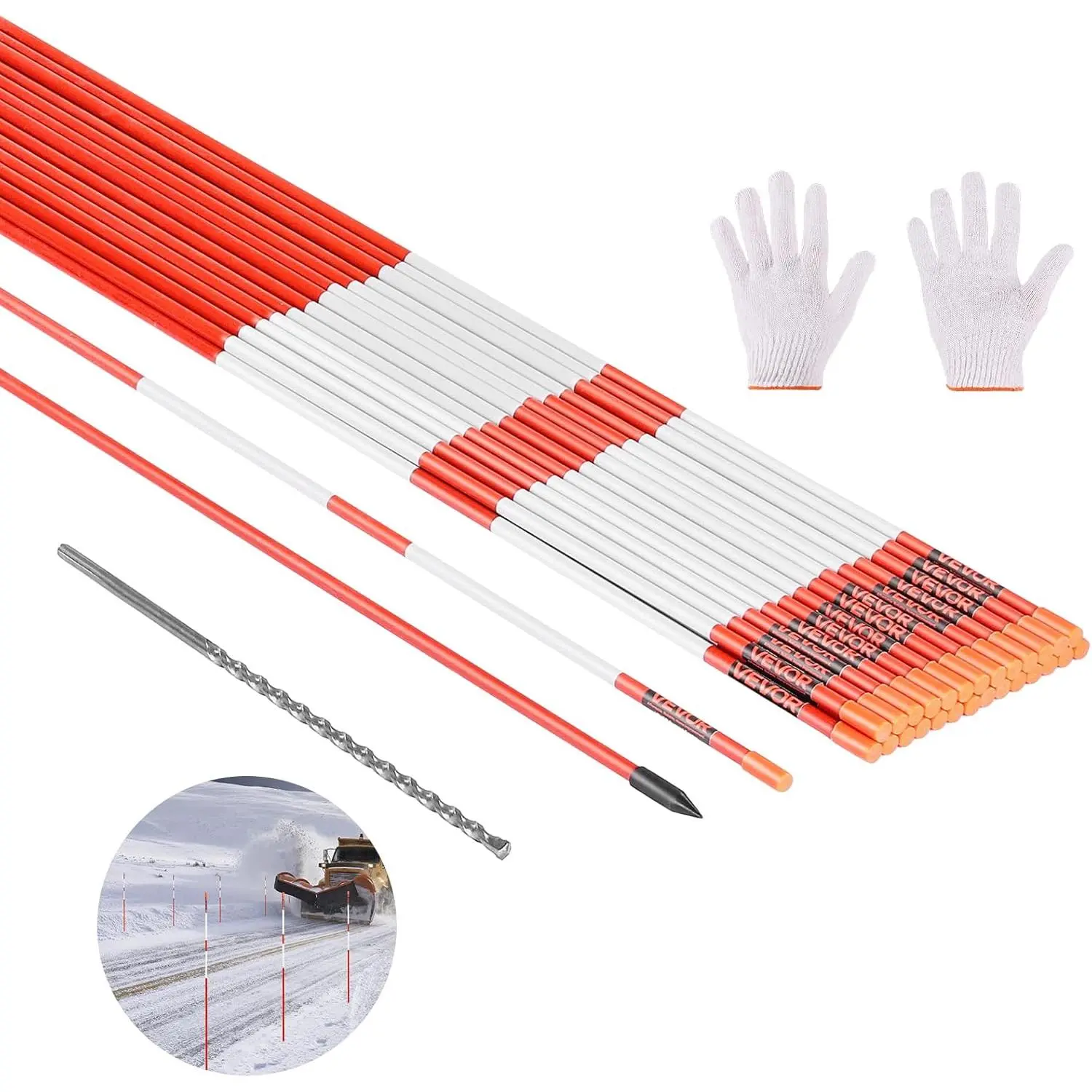 VEVOR Fiberglass Driveway Markers, 50Pcs 60in Long 5/16in Diameter, Hi-Visibility 360° Reflective Bands, 12in Steel Drill Bits for Easy Installation, Snow Sticks for Parking Lots, Snow Plowing, 60 Inch