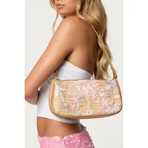 Sequin & Embroidered Straw Bag