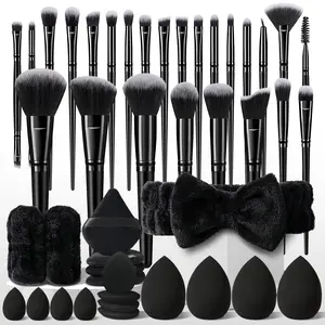 44Pcs Travel Makeup Brush Set, 25Pcs Professional Synthetic Makeup Brush, Makeup Sponges, Triangle Puffs, Water Drop Finger Puffs, Headband & Wristbands, Makeup Kit for Everyday Use and Beginners, Makeup Tools, Makeup Brushes Kits