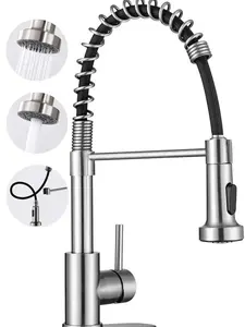 Kitchen Sink Faucet, Kitchen Faucets with Pull Down Sprayer Stainless Steel Single Handle Single Hole Brushed Nickel Commercial Industrial Spring Pull Out Laundry Farmhouse Kitchen Faucet