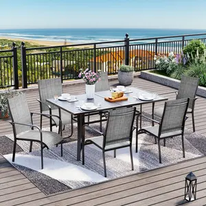 7-Piece All-Weather Patio Dining Set with 6 Textilene Chairs & Rust-Resistant Iron Table, Adjustable Umbrella Hole for Poolside, Backyard, Deck, Lawn, Blue/Brown/Gray