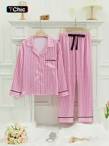 Women's Striped Pocket Lapel Neck Pyjama Set, Comfy Button Down Long Sleeve Shirt & Tie Front Pants Lounge Set, Pajama Sets Women, Pj Sets for Women, Sleepwear for Spring & Fall, Gifts Set for Mum