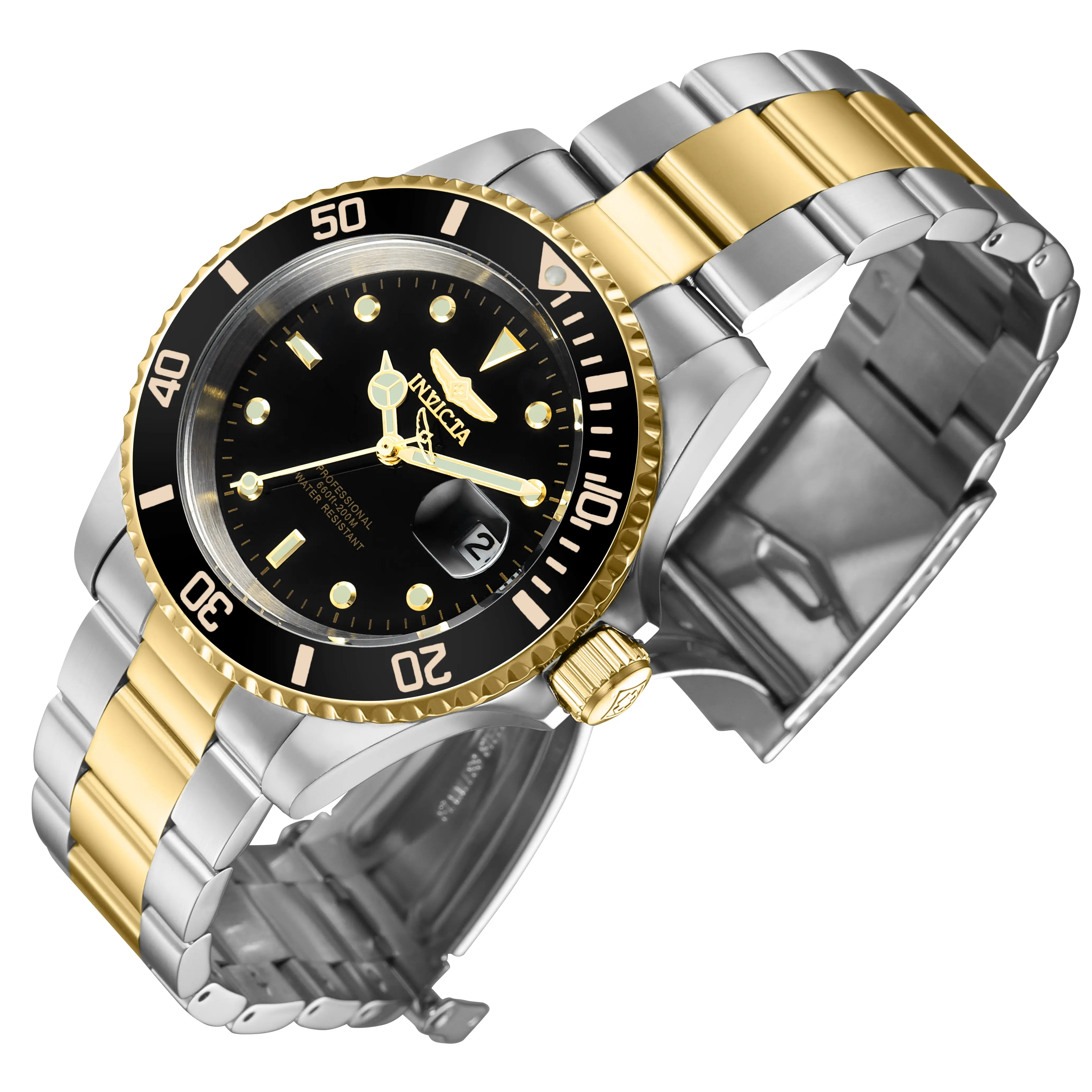 Invicta Men's Two-Tone Watch — Pro Diver 40mm — Black Dial, Steel and Gold Bracelet, Cyclops Date, 200M Water Resistant — Authentic, New in Original Box