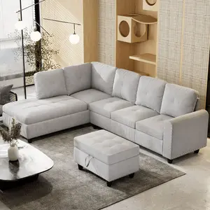 94.49” L-Shaped Modular Sectional Sofa with Storage Ottoman, Drop-Down Back with Cup Holders, Nailhead Trim, for Living Room, Bedroom, House-Light Grey
