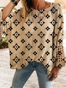 Geometric Print Long Sleeve Knit Top, Casual Elegant Vacation Style Sweater, Loose Batwing Shoulders, Spring Summer Fall Women's Clothing Knitwear Short