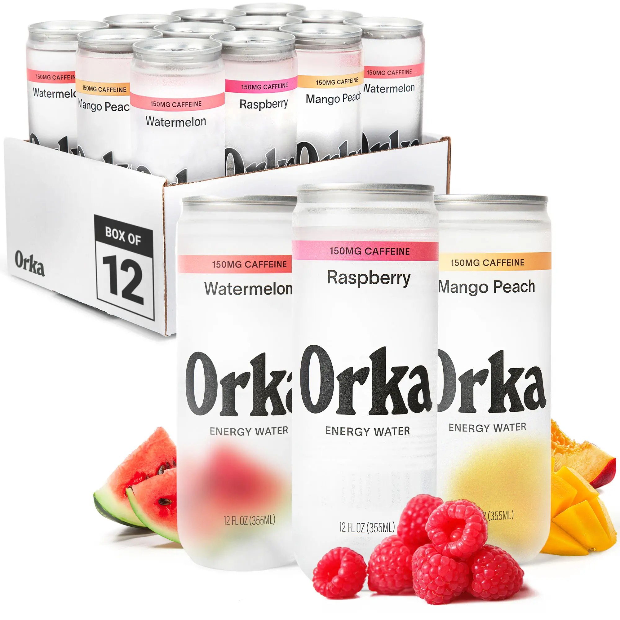 Orka Energy Water – Sugar-Free, Zero-Calorie, Non-Carbonated Caffeinated Water (12oz Cans, 12 Pack) | 150mg Natural Caffeine + Natural L-Theanine for Jitter-Free Focus & Energy