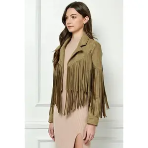 Veveret Suede Fringe Long Sleeve Moto Jacket Womenswear Casual