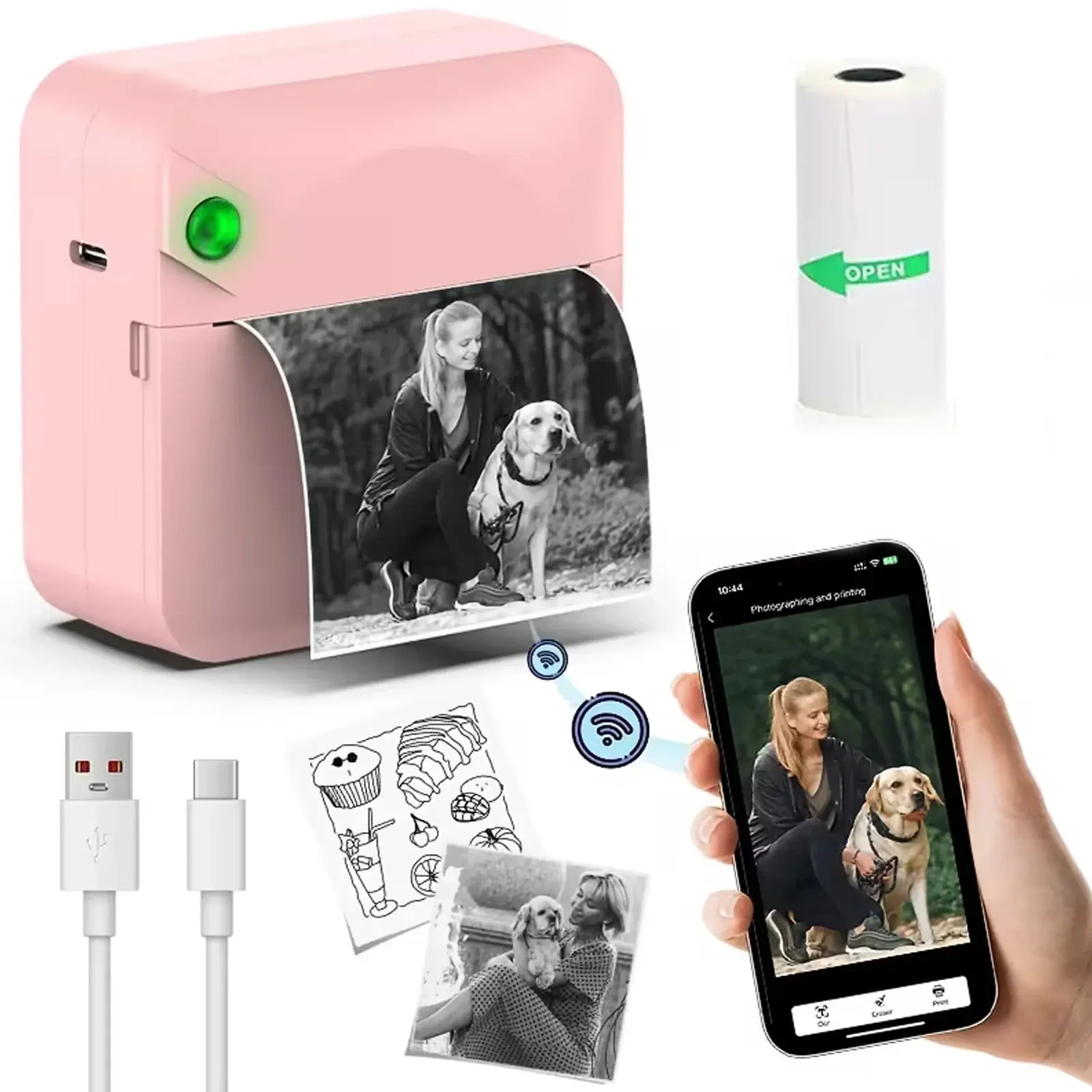 Mini Thermal Sticker Printer Pocket Photo Label Note Printer Inkless Compact Printer for Photos, Labels, Notes Compatible with iOS & Android Available in Pink and Blue Ideal for Learning, Office, and DIY Projects