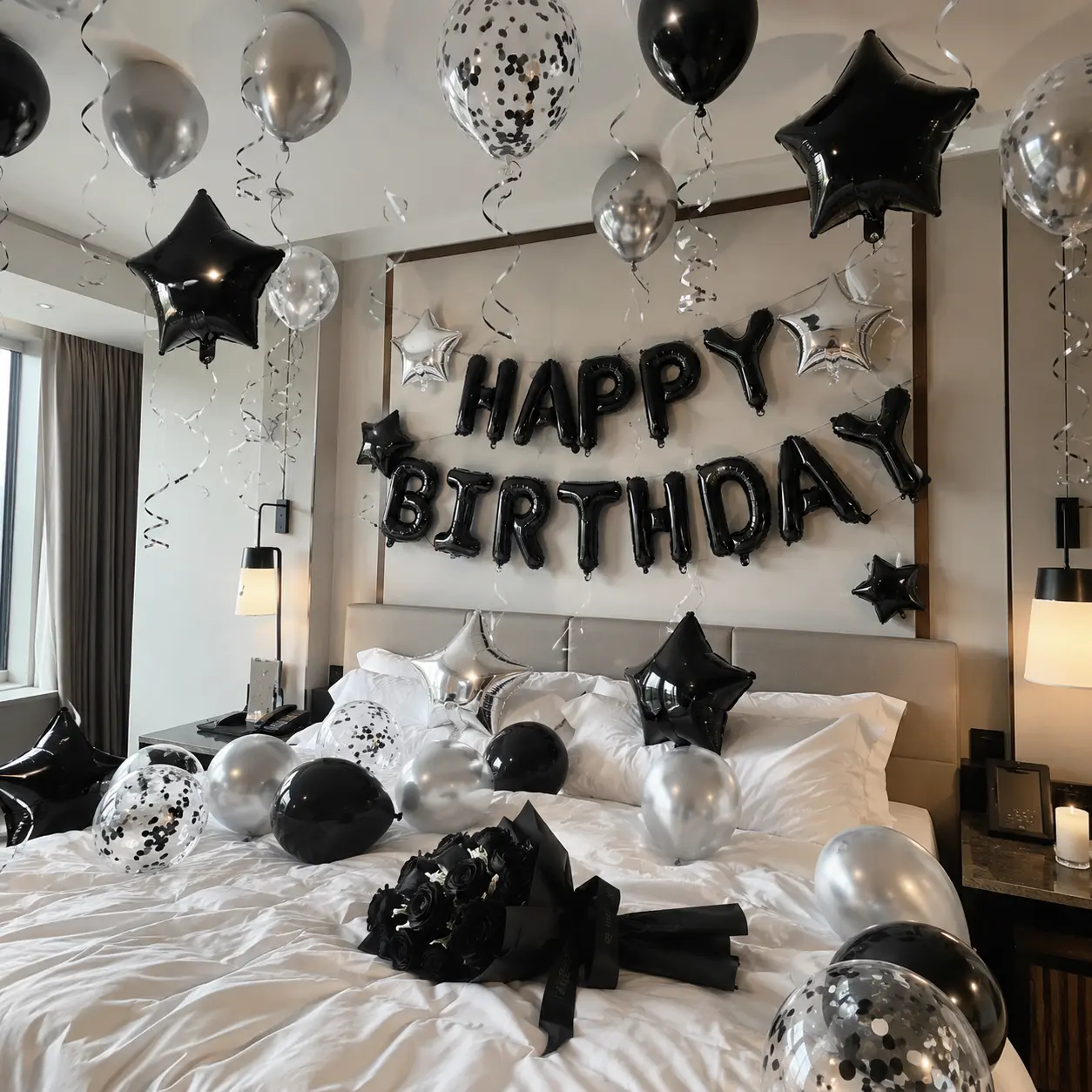 53PCS Black Silver Birthday Decorations Set, Happy Birthday Foil Balloons, Black Silver Star Balloons, Latex Balloons, Confetti Balloons, Hanging Swirls & Ribbon for Birthday Party Decor
