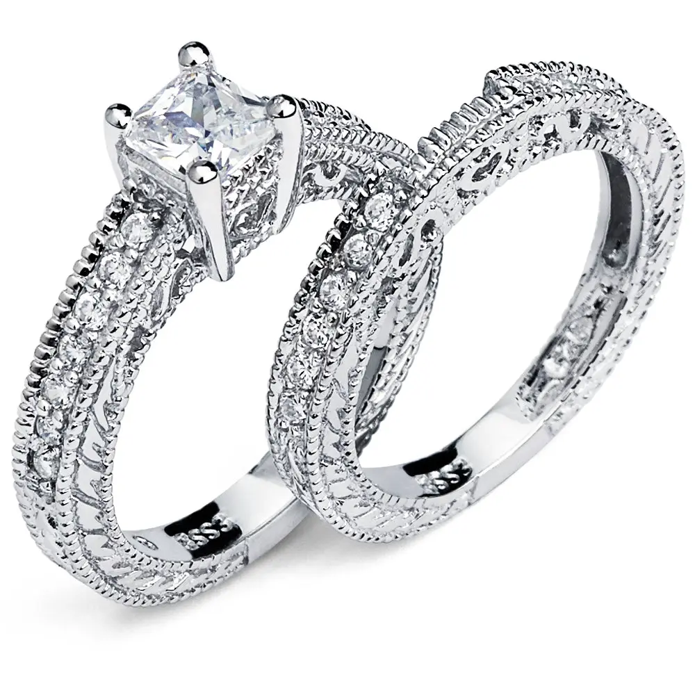 Women's 925 Sterling Silver Princess Cut Carved CZ Engagement Wedding Rings Bridal Set with Cubic Zirconia, Cz Engagement Ring