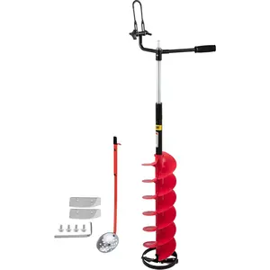VEVOR Ice Drill Auger,  8'' Diameter Nylon Ice Auger, 41'' Length Ice Auger Bit, Auger Drill w/ 14'' Adjustable Extension Rod, Rubber Handle, Drill Adapter, Replaceable Auger Blade for Ice Fishing Red