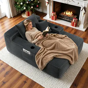 65''Boneless Chaise Lounge, Upholstered Sofa Bed with Throw Pillows and Armrests, with Cup Holders and side storage pocket,Recliner Loveseat Reading Chairs，Sleeper Chair Luxurious Plush Corduroy Chair Bed for Living Room No Assembly Require