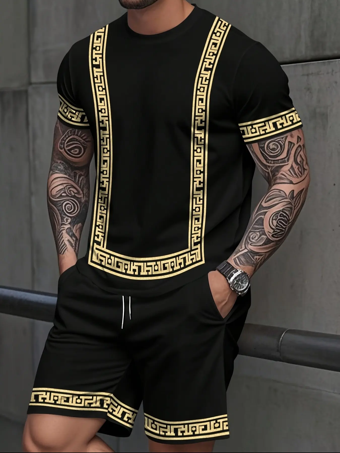 Men's Fashion Set, Classic Short Sleeve Tee with Geometric Graphic Design, Casual Fitted Shorts, Ideal for Daily Wear and Fitness