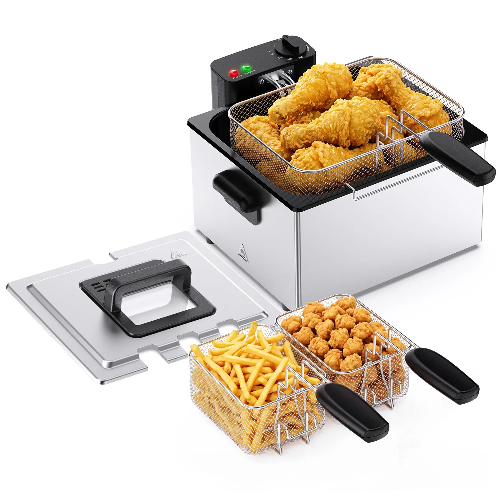 3/5L Professional Deep Fryer with 3 Baskets, 3/5L Large Capacity Electric Fryer for Home Use, 1800W Fast Heating 304 Stainless Steel Oil Fryer with Lid and View Window, Adjustable Temperature Control 265°F-375°F for French Fries, Chicken, Shrimp